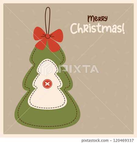 Christmas tree with red bow. Retro handmade Xmas sewn toy. Vintage holiday square card. Vector illustration. 120469337