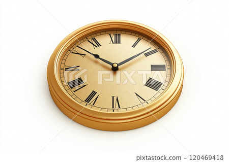 Luxurious golden clock with elegant roman numerals ticking on a white background, exuding classic charm and sophistication Luxurious golden clock with elegant roman numerals ticking on a white background, exuding classic charm and sophistication 120469418