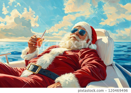 Santa Claus is having a cocktail while sunbathing on a yacht in this colorful illustration 120469496