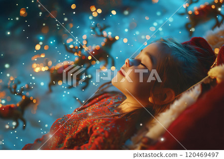 Little girl is sleeping peacefully, dreaming of Santa Claus sleigh flying across the sky on Christmas eve Little girl is sleeping peacefully, dreaming of Santa Claus sleigh flying across the sky on Christmas eve 120469497