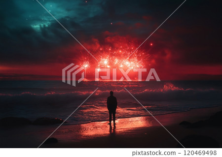 Lone figure standing on a beach at night, watching a fireworks display over the ocean on new year's eve Lone figure standing on a beach at night, watching a fireworks display over the ocean on new year's eve 120469498