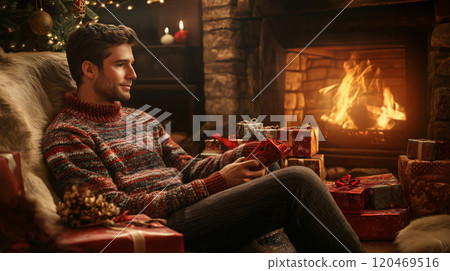 Young man is enjoying a peaceful Christmas night by the fireplace, holding a gift and surrounded by presents 120469516