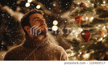 Young man is contemplating a decorated Christmas tree with lights while it's snowing at night 120469517