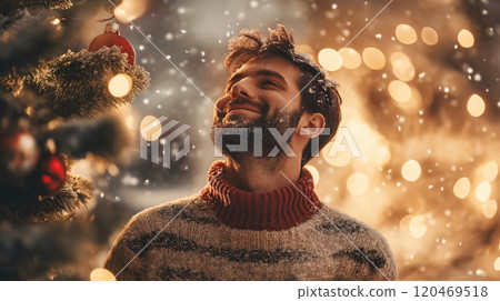Smiling man with snowflakes on his beard enjoying winter holidays standing near a decorated Christmas tree with beautiful bokeh lights 120469518