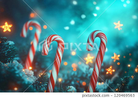 Christmas candy canes glowing in front of a vibrant blue background with christmas lights and bokeh 120469563