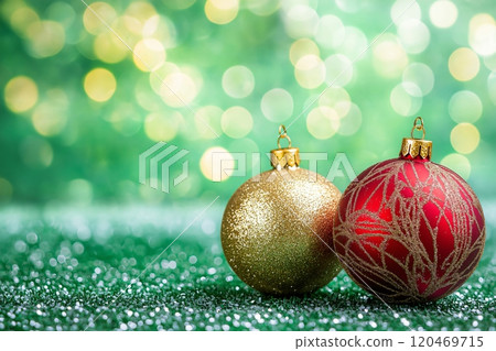 Glowing red and gold christmas ornaments pop against a vibrant green background, adding holiday magic and cheer with ample copy space for personalized messages Glowing red and gold christmas ornaments pop against a vibrant green background, adding holiday magic and cheer with ample copy space for personalized messages 120469715