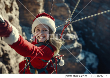 Cheerful young woman dressed as santa claus is taking a selfie while ziplining on a sunny winter day Cheerful young woman dressed as santa claus is taking a selfie while ziplining on a sunny winter day 120469793