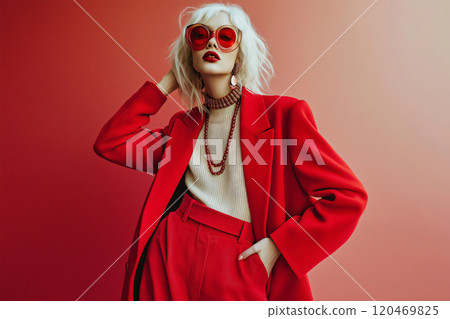 Fashionable woman with red lipstick and sunglasses touching her hair while posing in a studio with red background 120469825