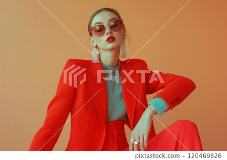 Confident young woman in red suit and chic sunglasses posing in stylish studio, exuding glamour and beauty with modern makeup, hairstyle and jewelry against vibrant orange background 120469826