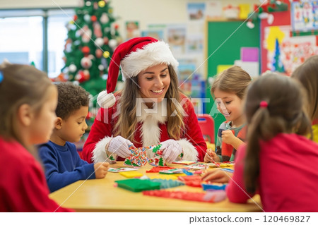 Cheerful woman wearing a santa claus costume is making christmas crafts with a diverse group of children Cheerful woman wearing a santa claus costume is making christmas crafts with a diverse group of children 120469827