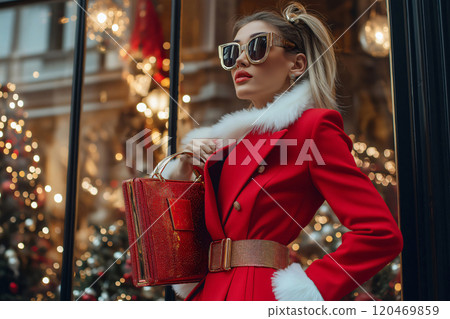 Fashion model is posing in a decorated street during christmas time, she is wearing sunglasses and a red coat with white fur 120469859