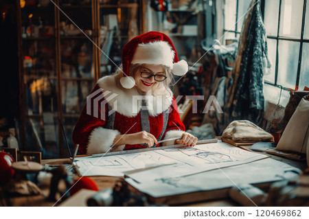 Fashion designer is smiling while using a ruler to measure her sketches for the christmas collection 120469862
