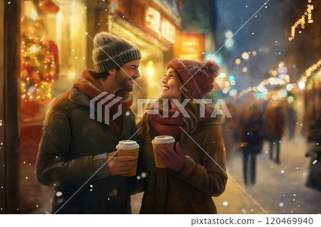 Young couple is holding coffee cups and enjoying a romantic walk in a snowy Christmas decorated city at night 120469940