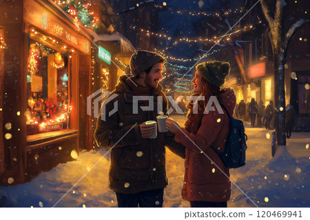 Young couple is enjoying a romantic evening walk on a snowy Christmas market, holding hot drinks and smiling at each other 120469941