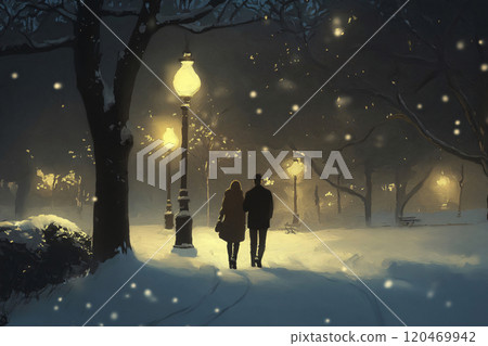 Couple is enjoying a romantic nighttime stroll through a snow covered city park, illuminated by the warm glow of streetlights 120469942
