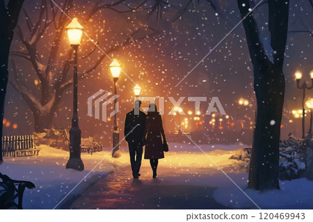 Couple is enjoying a romantic walk through a snowy city park at night, illuminated by the warm glow of street lights 120469943