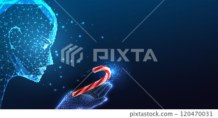Futuristic christmas concept with AI silhouette holding a glowing candy cane on dark blue background 120470031