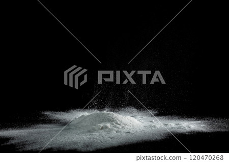 Tapioca starch flour fly explosion, White powder tapioca starch fall down in air. Seasoning flour powder is element material. Eyeshadow crush make up. Black background Isolated selective focus blur Tapioca starch flour fly explosion, White powder tapioca starch fall down in air. Seasoning flour powder is element material. Eyeshadow crush make up. Black background Isolated selective focus blur 120470268