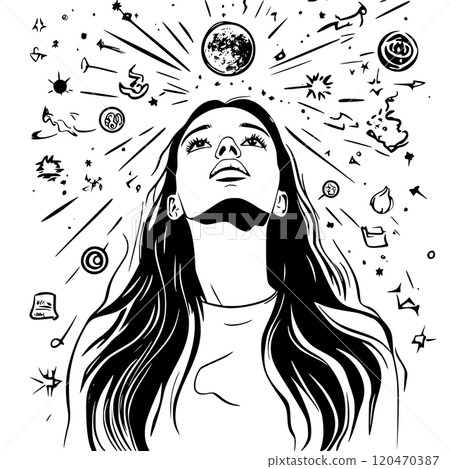 Mystical portrait of a young woman, meditative calm magical lady's face isolated on white background 120470387