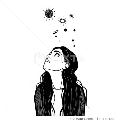 Mystical portrait of a young woman, meditative calm magical lady's face isolated on white background 120470388