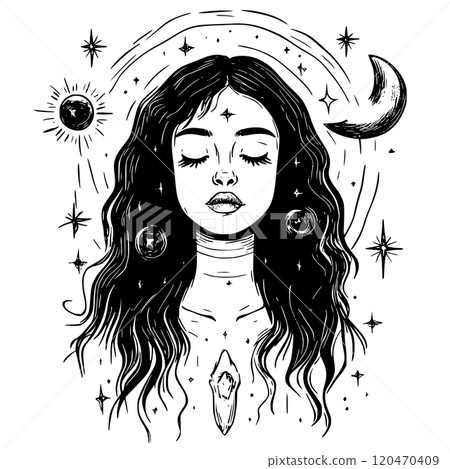 Mystical portrait of a young woman, meditative calm magical lady's face isolated on white background 120470409