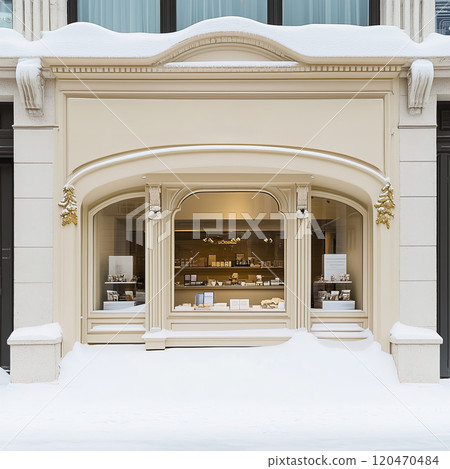 Beige winter shop front mockup, small store facade template for branding and business presentation, view of big window in European street 120470484