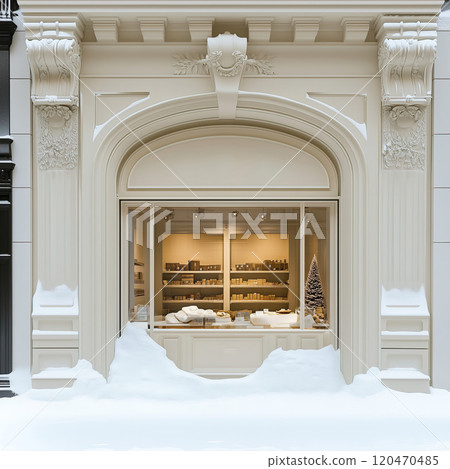 Beige winter shop front mockup, small store facade template for branding and business presentation, view of big window in European street Beige winter shop front mockup, small store facade template for branding and business presentation, view of big window in European street 120470485