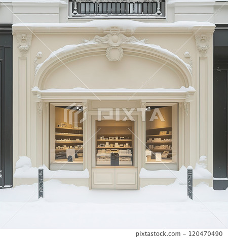 Beige winter shop front mockup, small store facade template for branding and business presentation, view of big window in European street 120470490