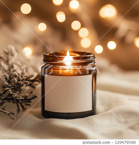 Boho amber glass jar candle mockup, white blank label design preview, beige and brown bohemian home interior with dried flowers and linen 120470500