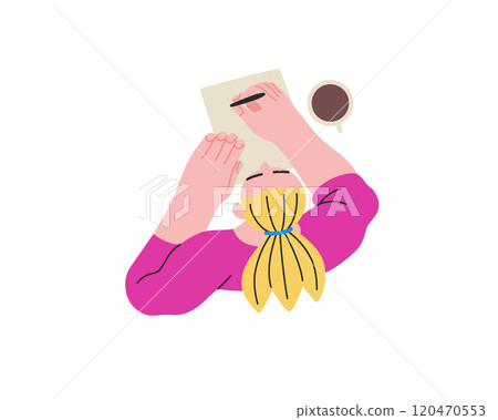 Writing people, modern flat vector concept illustration- sitting woman thoughtfully writing on paper, top view. Metaphor for reflection, insight, contemplation, creative expression 120470553
