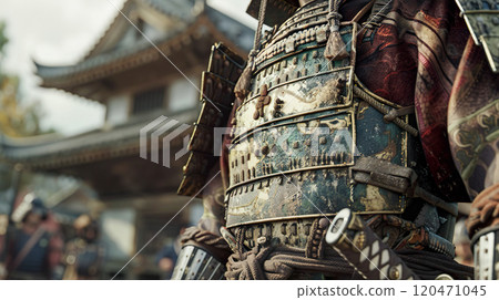 Close-up of the chest area of a suit of armor reminiscent of the Sengoku period in Japan 120471045