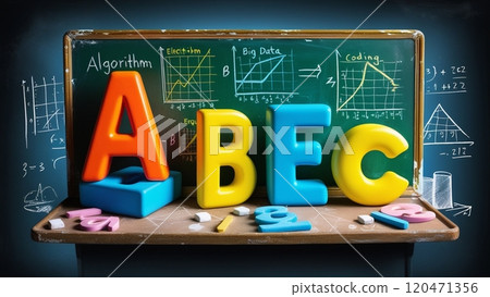 A blackboard with the alphabet and mathematical formulas written on it in an educational setting 120471356