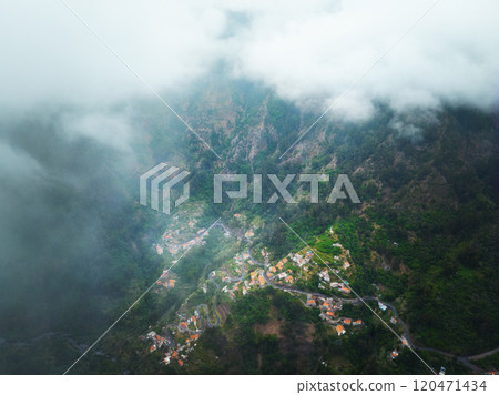 Aerial view of Curral das Freiras village. Miradouro da Eira do Serrado, Madeira, Portugal 120471434
