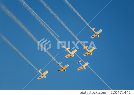 Stunt aerobatic planes performing stunts in air 120471441