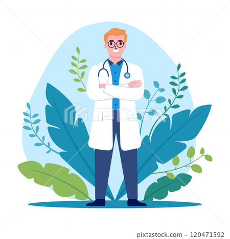 Friendly Male Doctor Cartoon Character Standing Crossing Hands with Floral Plant Decoration 120471592