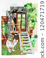 手繪拼貼風景插畫與貓 120471719