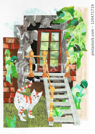 手繪拼貼風景插畫與貓 手繪拼貼風景插畫與貓 120471719