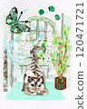 貓咪做瑜珈的手繪拼貼風景圖 120471721
