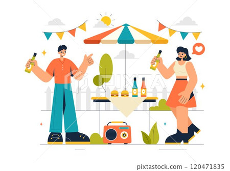 Neighborhood Events Vector Illustration featuring Friends and Family Celebrating Holidays with an Outdoor Party, Local Food Festival, and a BBQ Table Neighborhood Events Vector Illustration featuring Friends and Family Celebrating Holidays with an Outdoor Party, Local Food Festival, and a BBQ Table 120471835