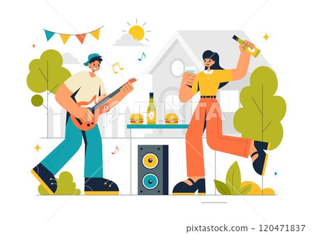 Neighborhood Events Vector Illustration featuring Friends and Family Celebrating Holidays with an Outdoor Party, Local Food Festival, and a BBQ Table Neighborhood Events Vector Illustration featuring Friends and Family Celebrating Holidays with an Outdoor Party, Local Food Festival, and a BBQ Table 120471837