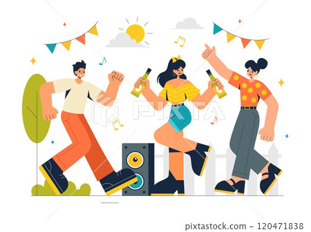 Neighborhood Events Vector Illustration featuring Friends and Family Celebrating Holidays with an Outdoor Party, Local Food Festival, and a BBQ Table 120471838