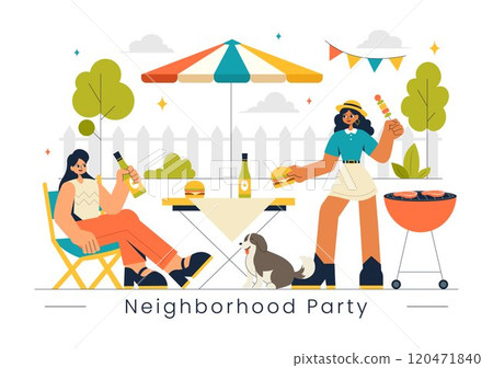 Neighborhood Events Vector Illustration featuring Friends and Family Celebrating Holidays with an Outdoor Party, Local Food Festival, and a BBQ Table 120471840
