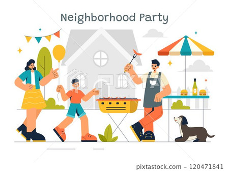 Neighborhood Events Vector Illustration featuring Friends and Family Celebrating Holidays with an Outdoor Party, Local Food Festival, and a BBQ Table 120471841