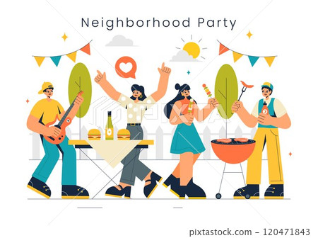 Neighborhood Events Vector Illustration featuring Friends and Family Celebrating Holidays with an Outdoor Party, Local Food Festival, and a BBQ Table 120471843