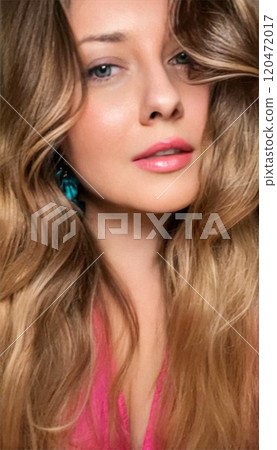 Beauty, fashion look and hairstyle, face portrait of beautiful woman wearing pink dress and blue earrings jewellery, for skincare cosmetics, hair care, glamour style close-up Beauty, fashion look and hairstyle, face portrait of beautiful woman wearing pink dress and blue earrings jewellery, for skincare cosmetics, hair care, glamour style close-up 120472017