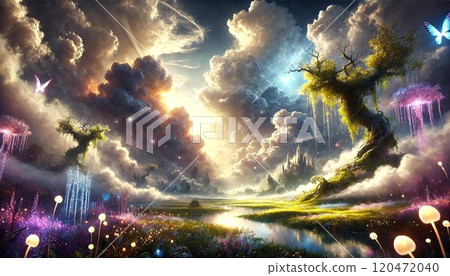 夢幻般的幻想世界，神奇的風景與發光的花朵和雲彩 120472040