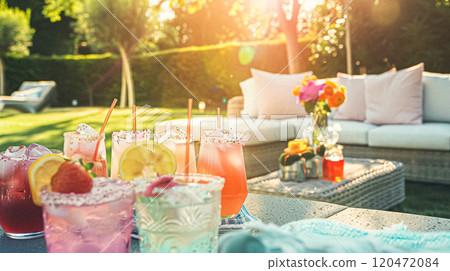 Summer party celebration in the garden, outdoor lounge and countryside house patio decor, English country cottage house design idea 120472084