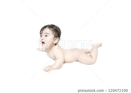 Naked baby crawling on white background 120472100