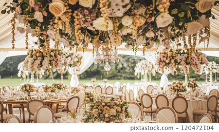 Grand wedding decoration in the country manor, floral decor and event celebration, flowers, wedding aisle and tablescape in the garden, English countryside style idea 120472104