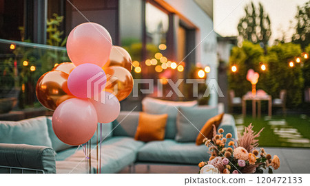 Summer party celebration in the garden, outdoor lounge and countryside house patio decor, English country cottage house design idea 120472133